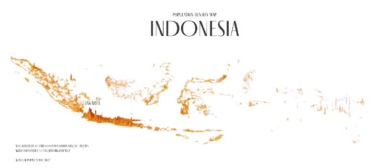 Population density map of Indonesia: dense ridges along Java and Sumatra, with population scattered in spikes across thousands of outer islands.