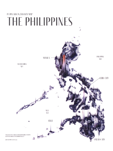 Population density map of the Philippines: people spread in clusters across Luzon, the Visayas and Mindanao, separated by sea.